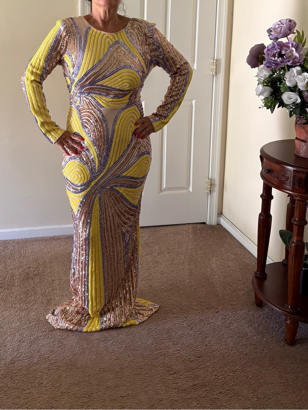 Sequin Long-Sleeve Evening Gown in Yellow and Gold